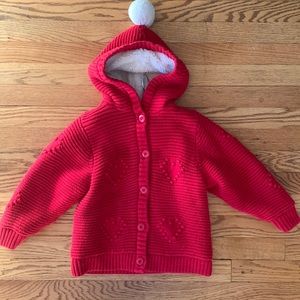 Hanna Andersson Red Heart Knit Pom Pom Hooded Lined Cardigan Sweater 110 5